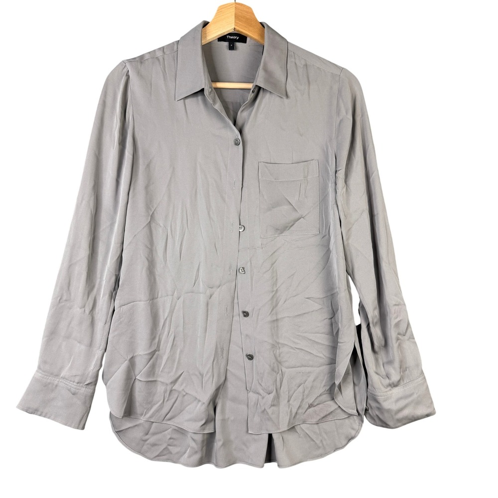 Theory Maybeth R Sheen 2 Gray Silk Blend Button Up Shirt Size P H012507R